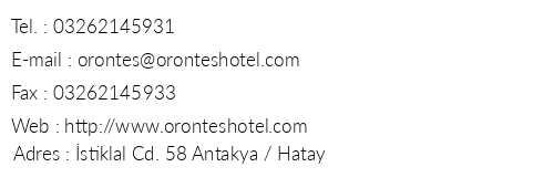 Hotel Orontes telefon numaralar, faks, e-mail, posta adresi ve iletiim bilgileri